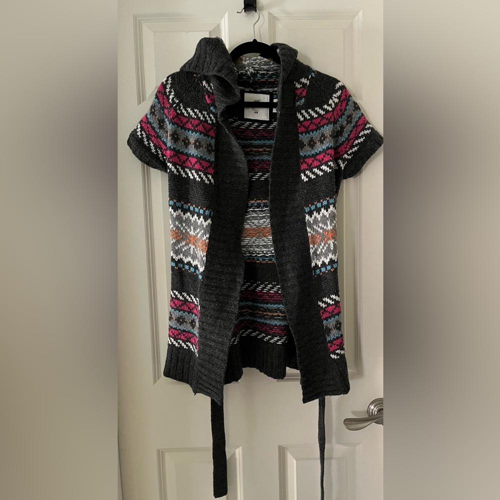 L.O.G.G. by H&M Hooded Wool Blend Cardigan Short Sleeve Front Tie Wrap Sweater S
